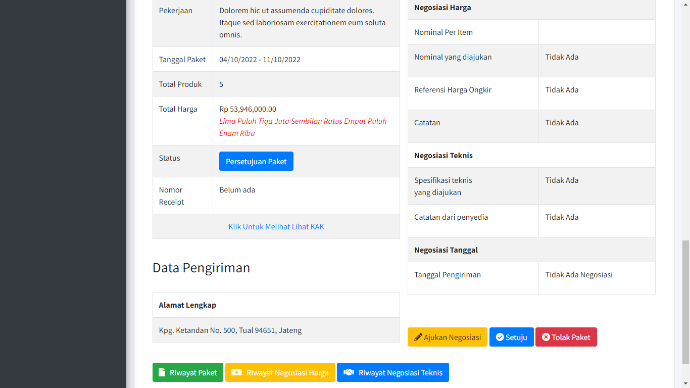 Halaman dasbor review paket