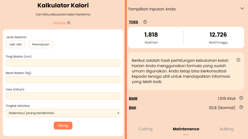 Screenshot proyek Kalkulator Kalori